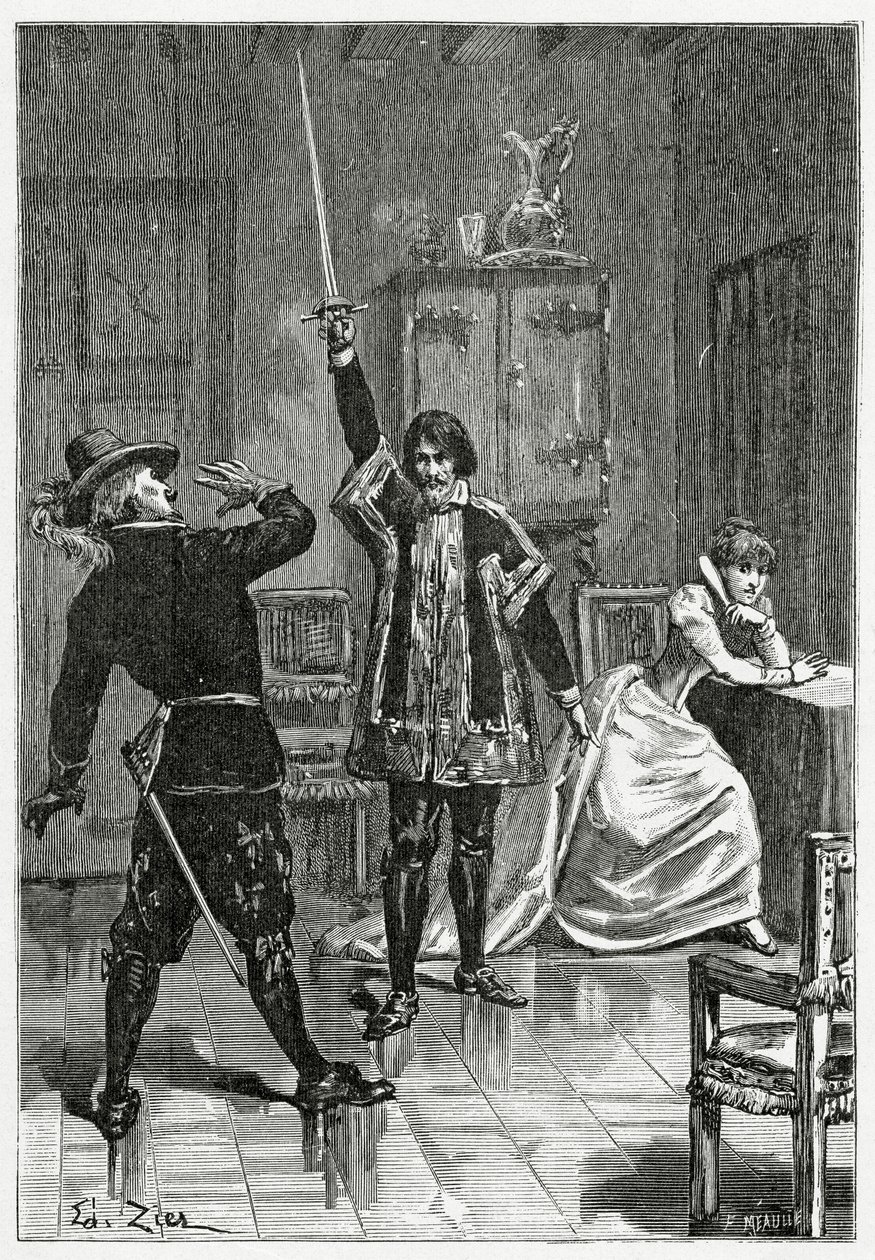 Ruy Blas konfrontuje się z Donem Salluste, XIX wiek (grawerunek bw) autorstwa Francois Edouard Zier