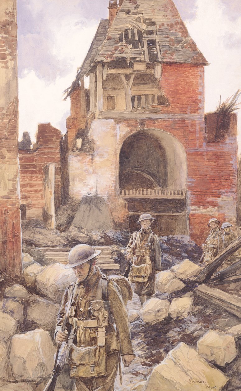 Brytyjscy żołnierze w ruinach Peronne, 1917 autorstwa Francois Flameng