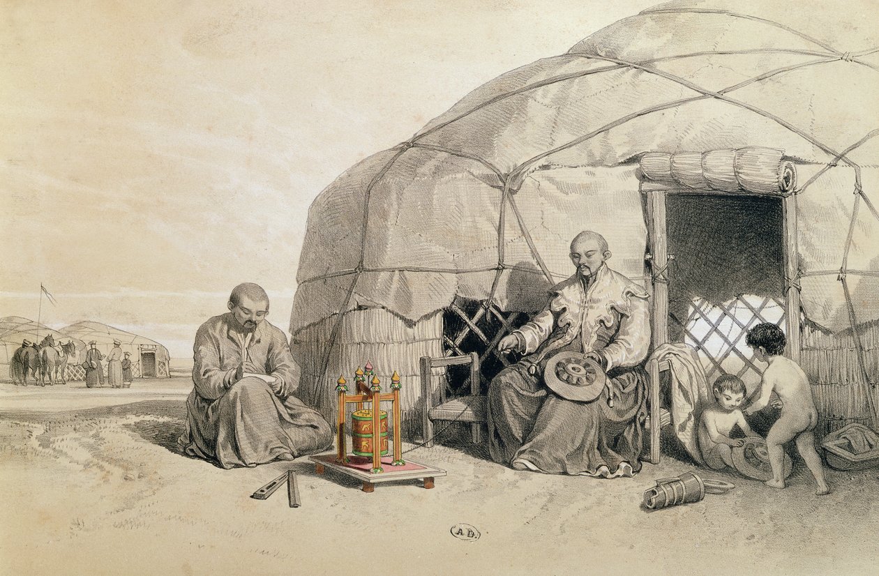 Kałmucy z kołem modlitewnym, Syberia, ilustracja z „Podróży a la mer Caspienne” Xaviera Hommaire de Hell (1812-48) c.1850 autorstwa Francois Fortune Antoine Ferogio