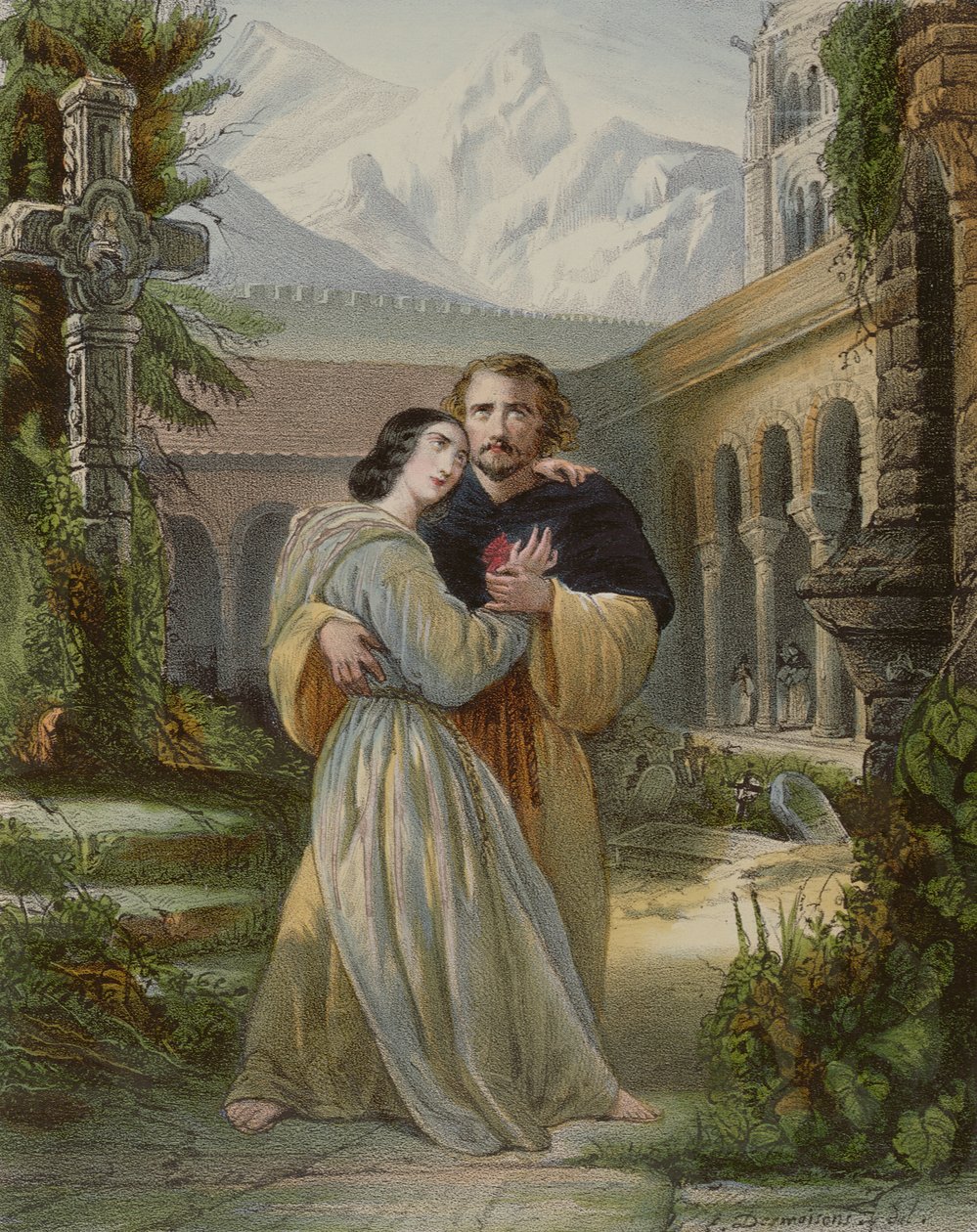 Akt końcowy (akt IV) "La Favorite" przedstawiający Leonorę umierającą w ramionach Fernanda, ok. 1850 r. autorstwa Francois Gabriel Guillaume Lepaulle