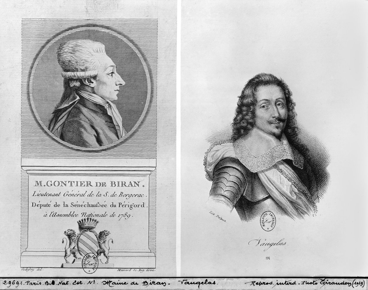 Portret Marie Francois Gontier de Biran znany jako Maine de Biran (1766-1824), Portret Claude Favre de Vaugelas (1585-1650) ryty przez Francois Seraphina Delpecha (1778-1825) i Massarda (19.) ( autorstwa Adrien Pierre Francois Godefroy