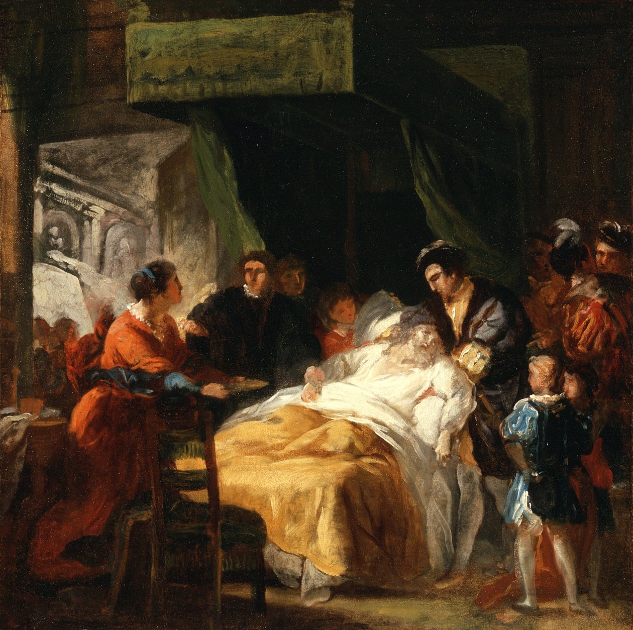 Śmierć Leonarda da Vinci w ramionach Franciszka I, ok. 1781 autorstwa Francois Guillaume Menageot