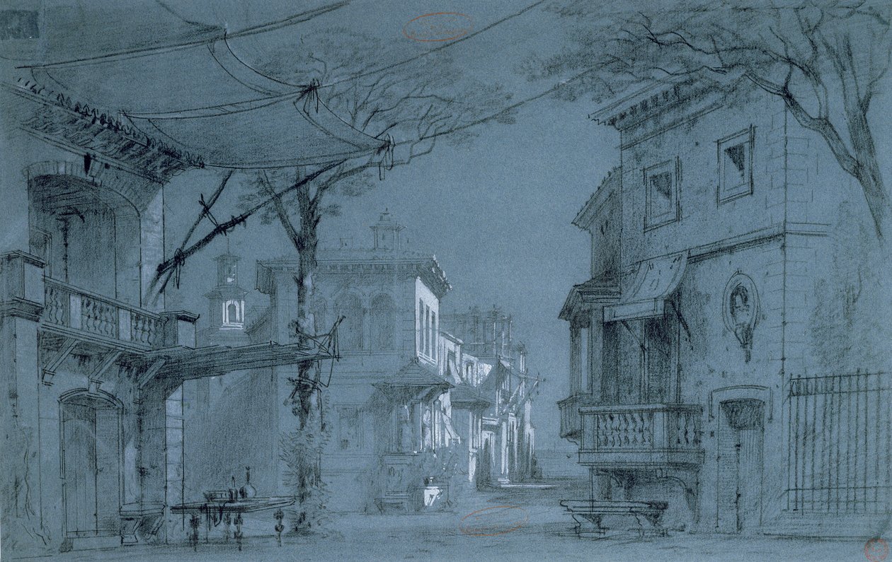 Projekt do zestawu Les Caprices de Marianne autorstwa Alfreda de Musset (1810-1857) (pióro, tusz i kredka na niebieskim papierze) autorstwa Francois J. and Rube, Auguste A. Nolau