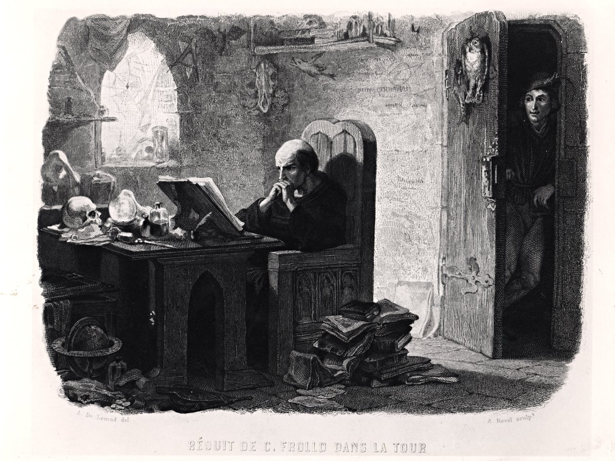 Claude Frollo w Małym Pokoju Wieży, ilustracja z „Notre-Dame de Paris” (1831) autorstwa Victora Hugo (1802-85), rytowana przez Auguste Francois Garnier, 1844 autorstwa Francois Joseph Aime de Lemud