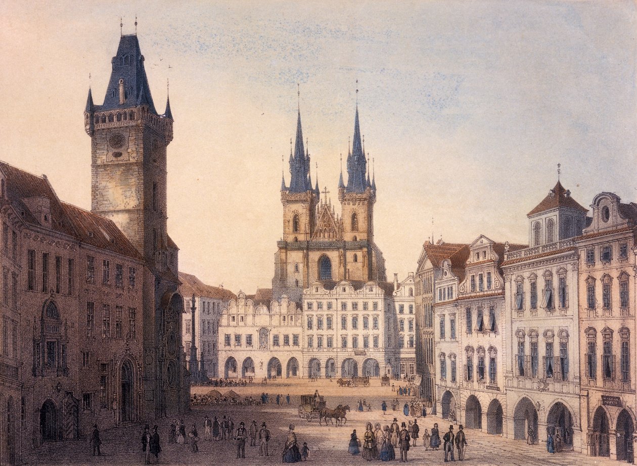 Rynek Staromiejski, Praga, ok. 1840 litografia kolorowa autorstwa Francois Joseph Sandmann