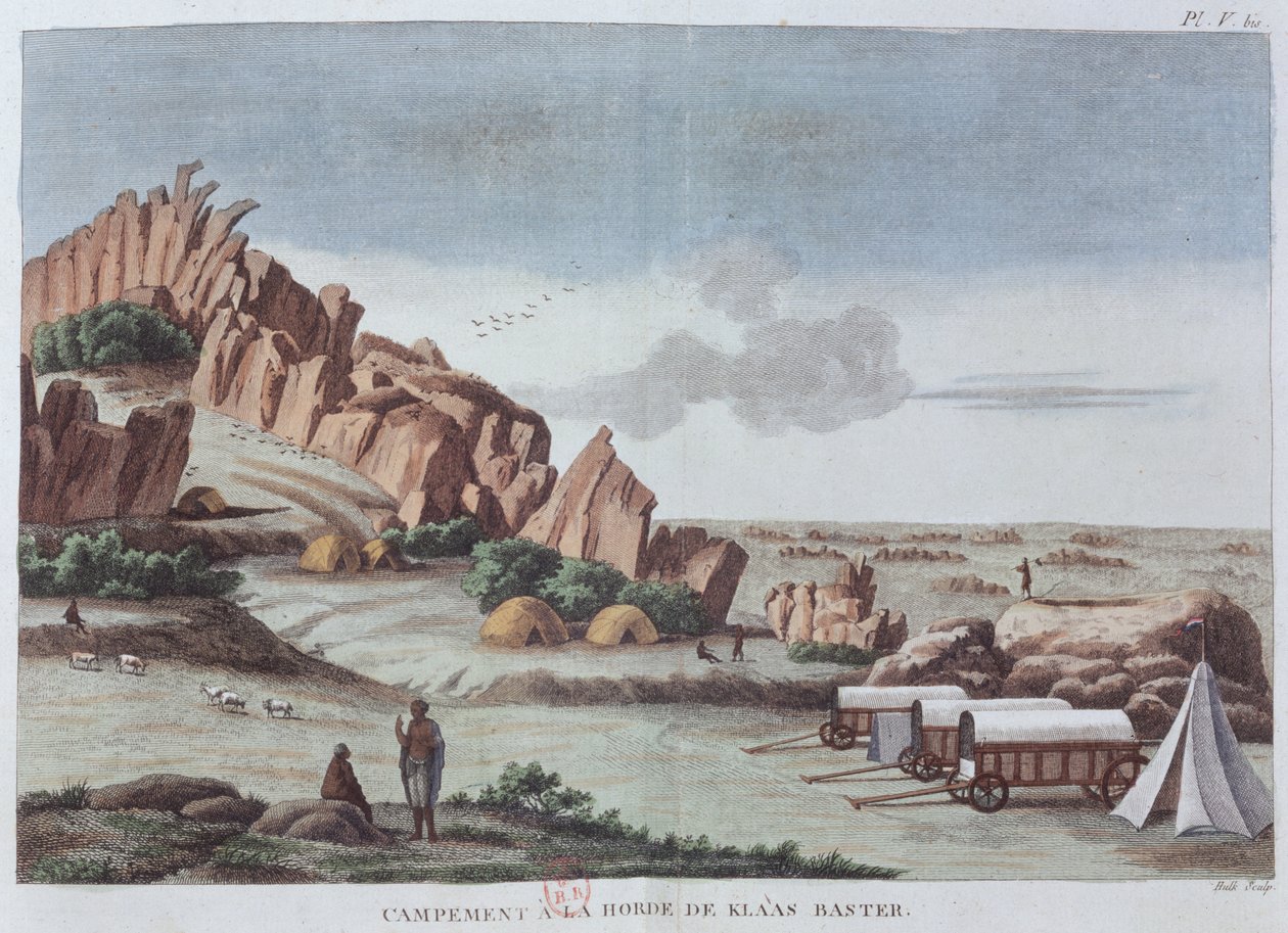 Klaas Baster Camp, z „Podróże M. le Vaillant we wnętrzu Afryki przy przylądku Bonne Esperance 1780-85”, grawerowane przez Hulka, opublikowane 1790 (kolorowe grawerowanie) autorstwa Francois Le Vaillant