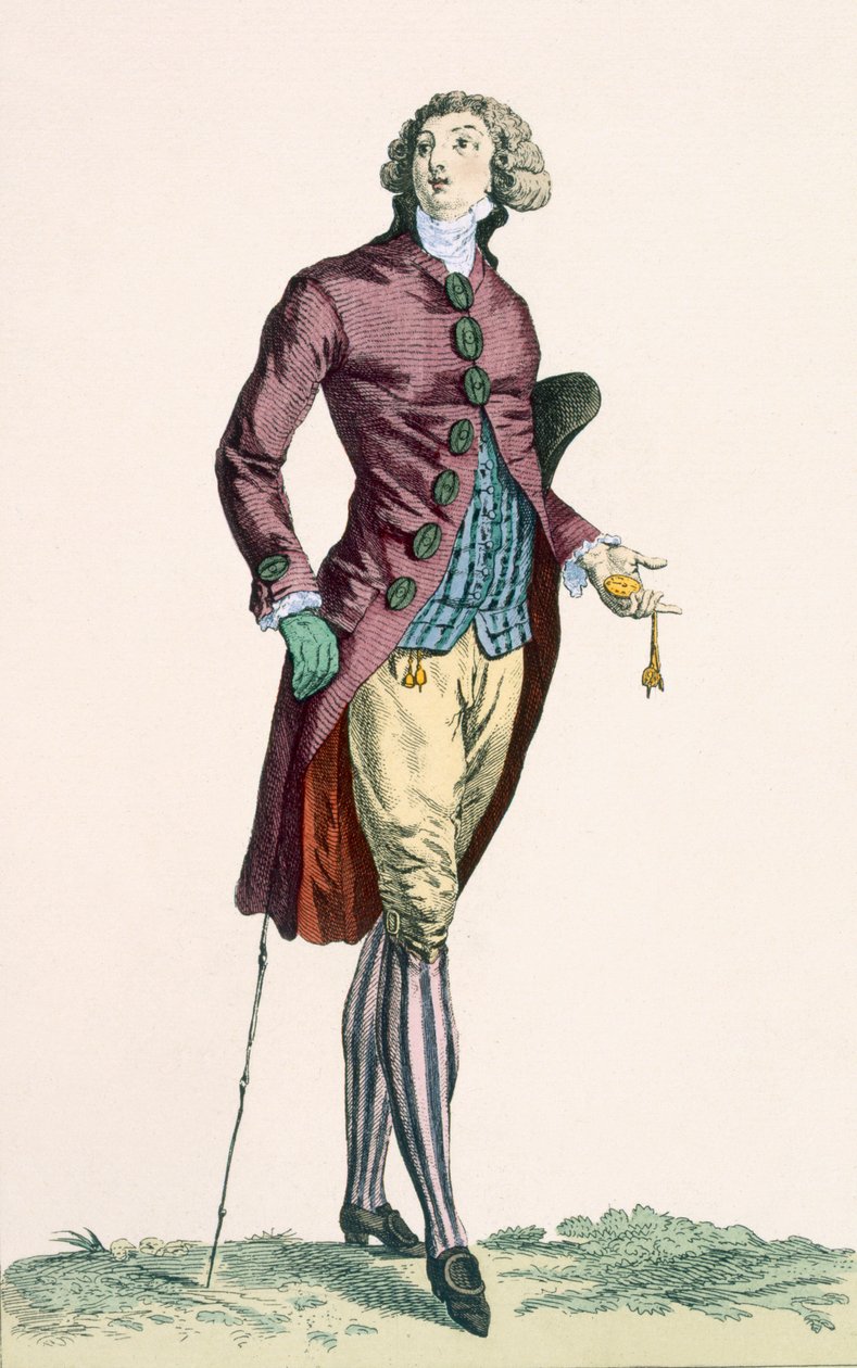 Szarmancki młodzieniec w stroju z gniecionego aksamitu z zakrytymi guzikami, grawerowany przez Baquoi, płyta nr 279 z „Galeries des Modes et Costumes Francais”, ok. 1778-87 autorstwa Francois Louis Joseph Watteau