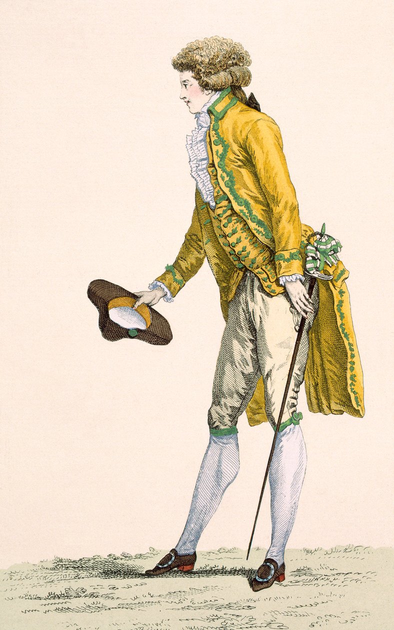 Młody mężczyzna ubrany w haftowaną kurtkę i kamizelkę, grawerowane przez Le Beau, tablica nr 253 z „Galeries des Modes et Costumes Francais”, ok. 1778-87 99: odzież; tradycyjny strój autorstwa Francois Louis Joseph Watteau