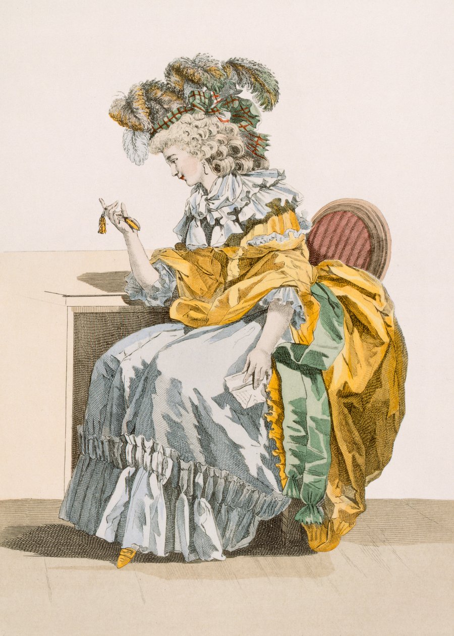 Zaniepokojona dama spogląda na zegarek ubrana w żakiet i nakrycie głowy a la Marlborough, grawerowane przez Dupina, tabliczka z „Galeries des Modes et Costumes Francais”, ok. 1778-87 autorstwa Francois Louis Joseph Watteau