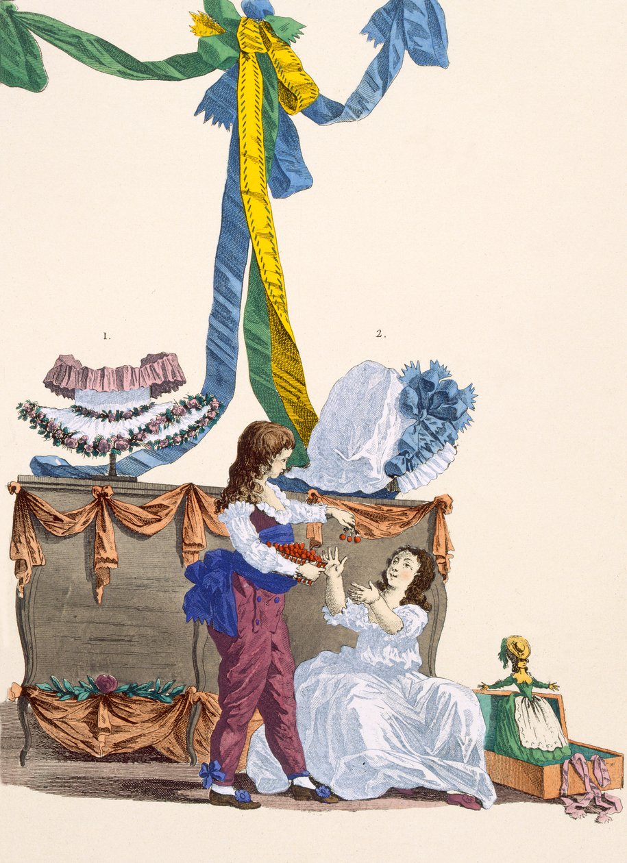 Kapelusze Androman i Warwick, grawerowane przez Dupina, tablica nr 320 z „Galeries des Modes et Costumes Francais”, 1780 autorstwa Francois Louis Joseph Watteau