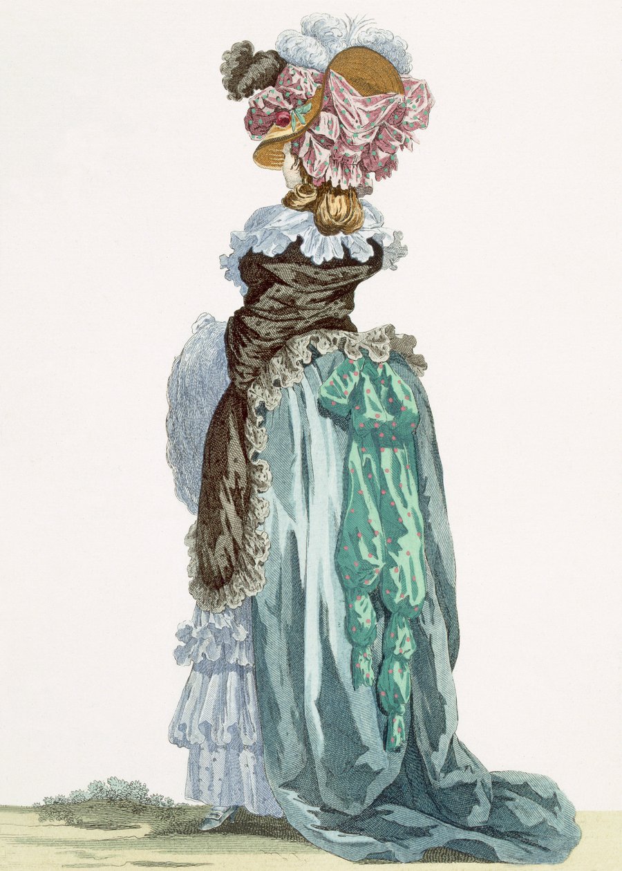 Widok z tyłu sukni promenadowej, rytowany przez Dupina, tablica nr 224 z „Galeries des Modes et Costumes Francais”, 1789 autorstwa Francois Louis Joseph Watteau