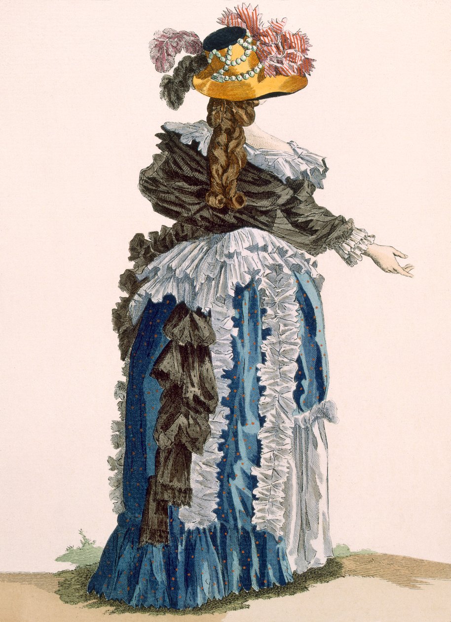 Widok z tyłu sukni damskiej, grawerowana przez Dupina, tablica nr 247 z „Galeries des Modes et Costumes Francais”, ok. 1778-87 99:odzież; strój tradycyjny; strój tradycyjny; moda; i autorstwa Francois Louis Joseph Watteau
