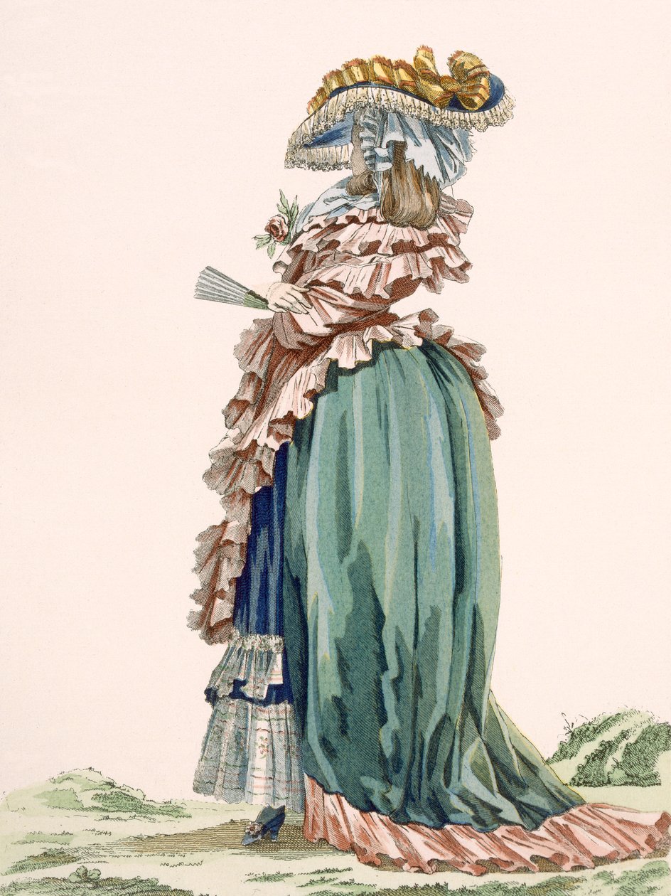 Widok z tyłu sukni damskiej, grawerowany przez Dupina, tablica nr 189 z „Galeries des Modes et Costumes Francais”, ok. 1778-87 99:odzież; strój tradycyjny; strój tradycyjny; moda; autorstwa Francois Louis Joseph Watteau