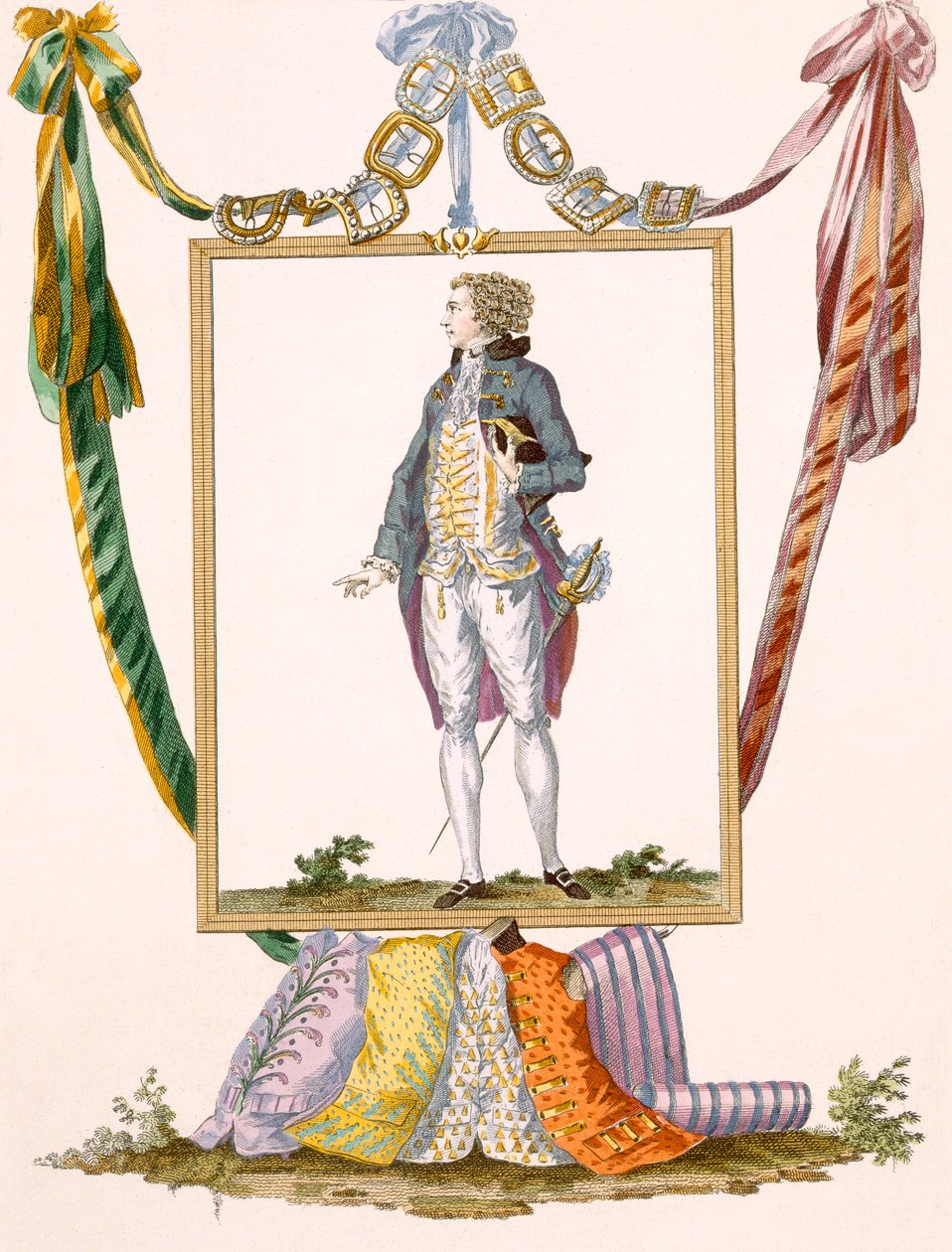 Pan w lekkim ubraniu, grawer Duhamel, tablica nr 231 z „Galeries des Modes et Costumes Francais” autorstwa Francois Louis Joseph Watteau