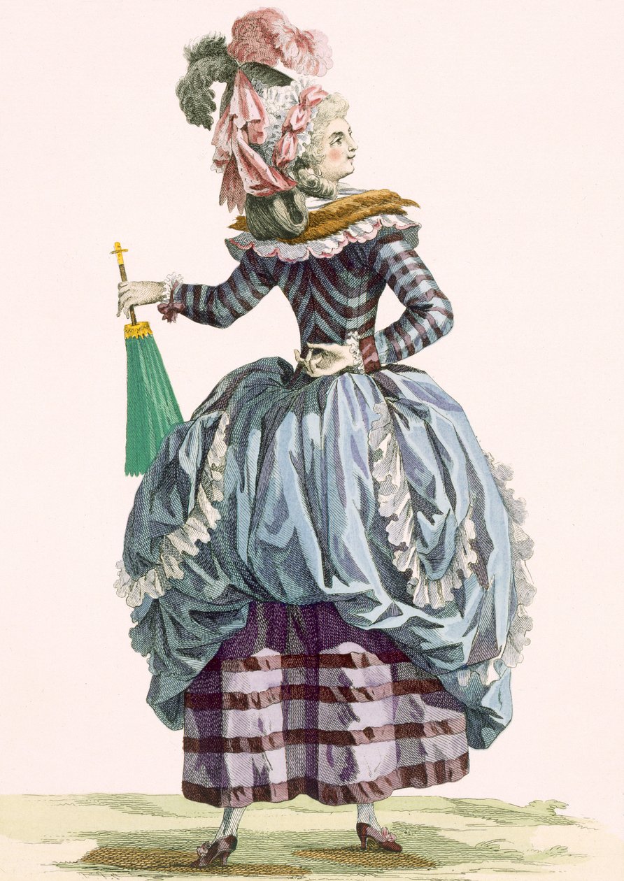 La Nymphe, sztychowana przez Dupina, tablica nr 210 z „Galeries des Modes et Costumes Francais”, ok. 1778-87 99:odzież; strój tradycyjny; strój tradycyjny; moda; ilustracja; autorstwa Francois Louis Joseph Watteau