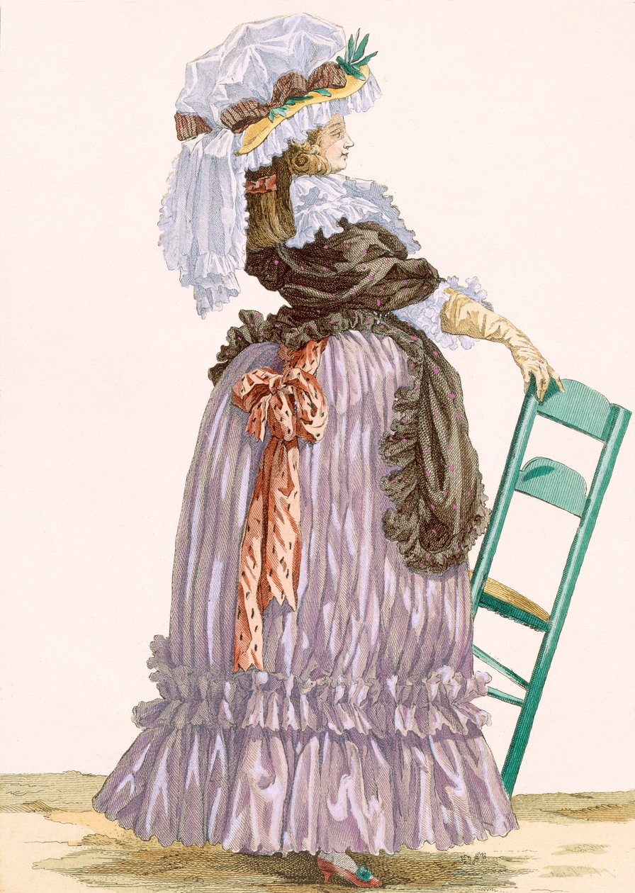 Dama oparta na krześle, grawerowana przez Dupina, tablica nr 201 z „Galeries des Modes et Costumes Francais”, ok. 1778-87 autorstwa Francois Louis Joseph Watteau