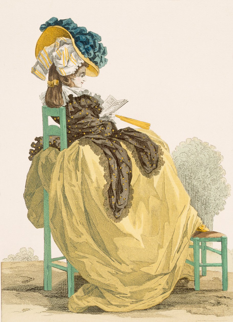 Pani czytająca w ogrodzie w prostej żółtej sukni z brązowym szalem, grawerowana przez Dupina, tablica nr 223 z „Galeries des Modes et Costumes Francais”, 1790 autorstwa Francois Louis Joseph Watteau