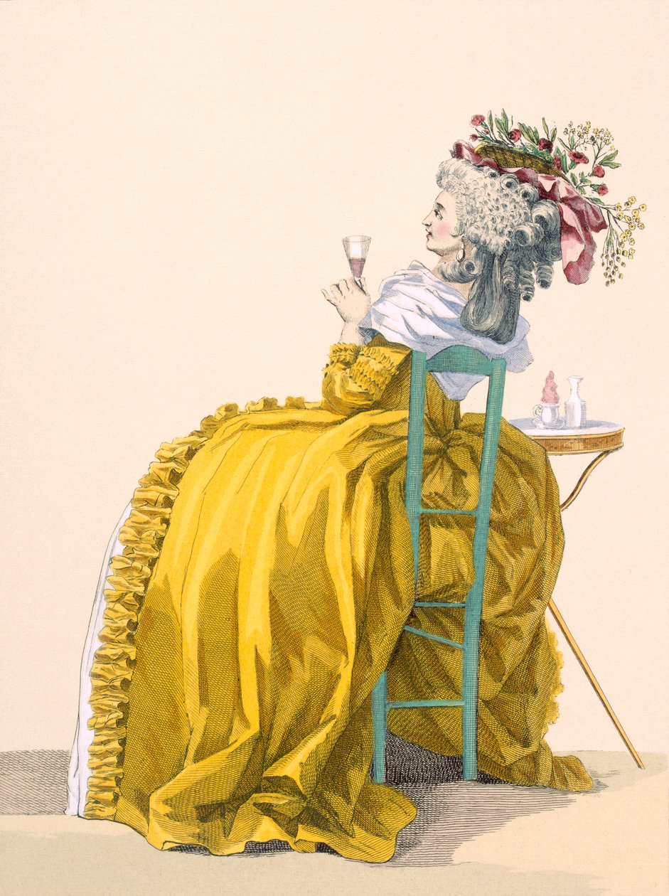 Dama spoczywająca na krześle, pijąca szampana, wyryte przez Dupin, tabliczka nr 193 z "Galeries des Modes et Costumes Francais", ok. 1778-87. autorstwa Francois Louis Joseph Watteau