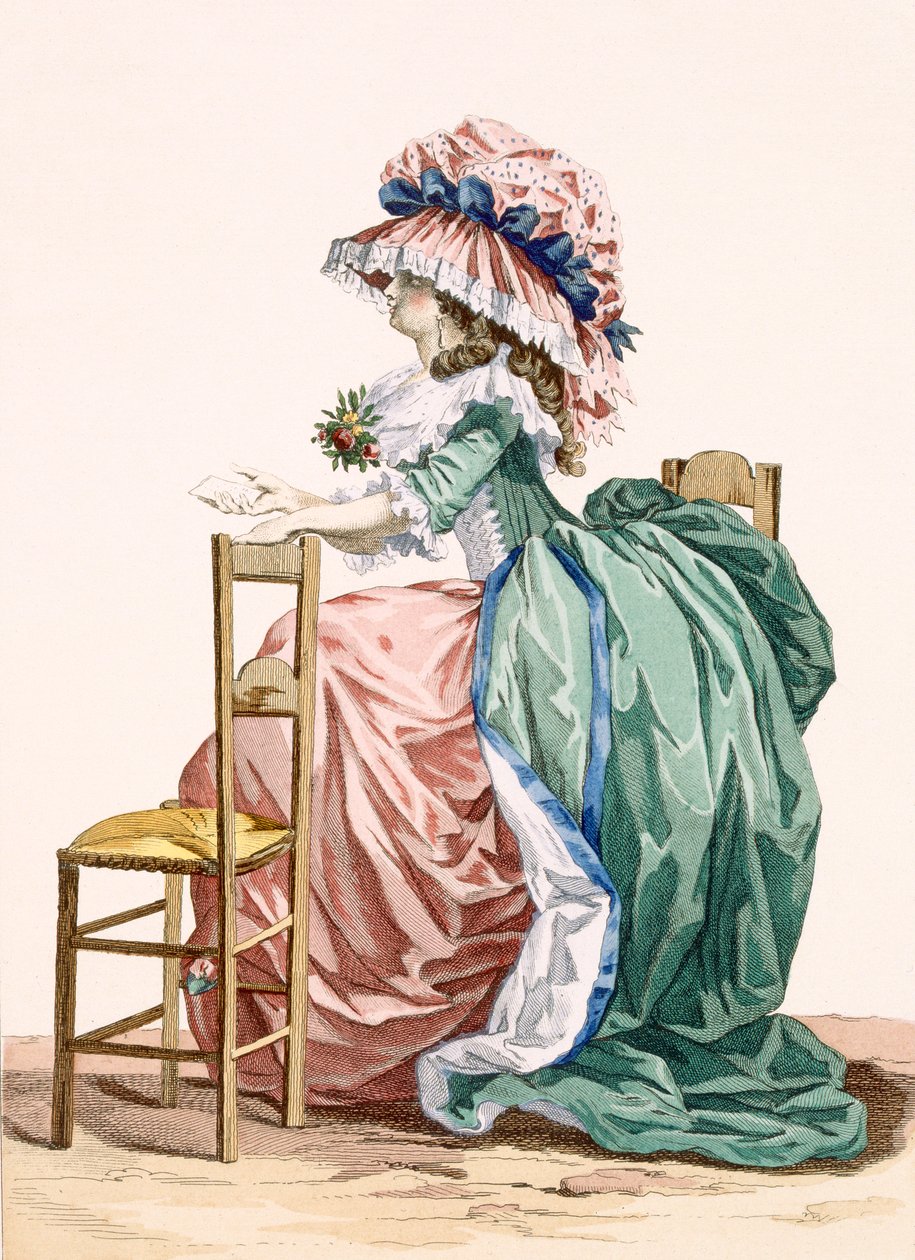 Dama siedzi oparta na krześle, wyryte przez Bacquoy, tablica 203 z "Galeries des Modes et Costumes Francais", ok. 1778-87 99:odzież; strój tradycyjny; strój tradycyjny; moda autorstwa Francois Louis Joseph Watteau