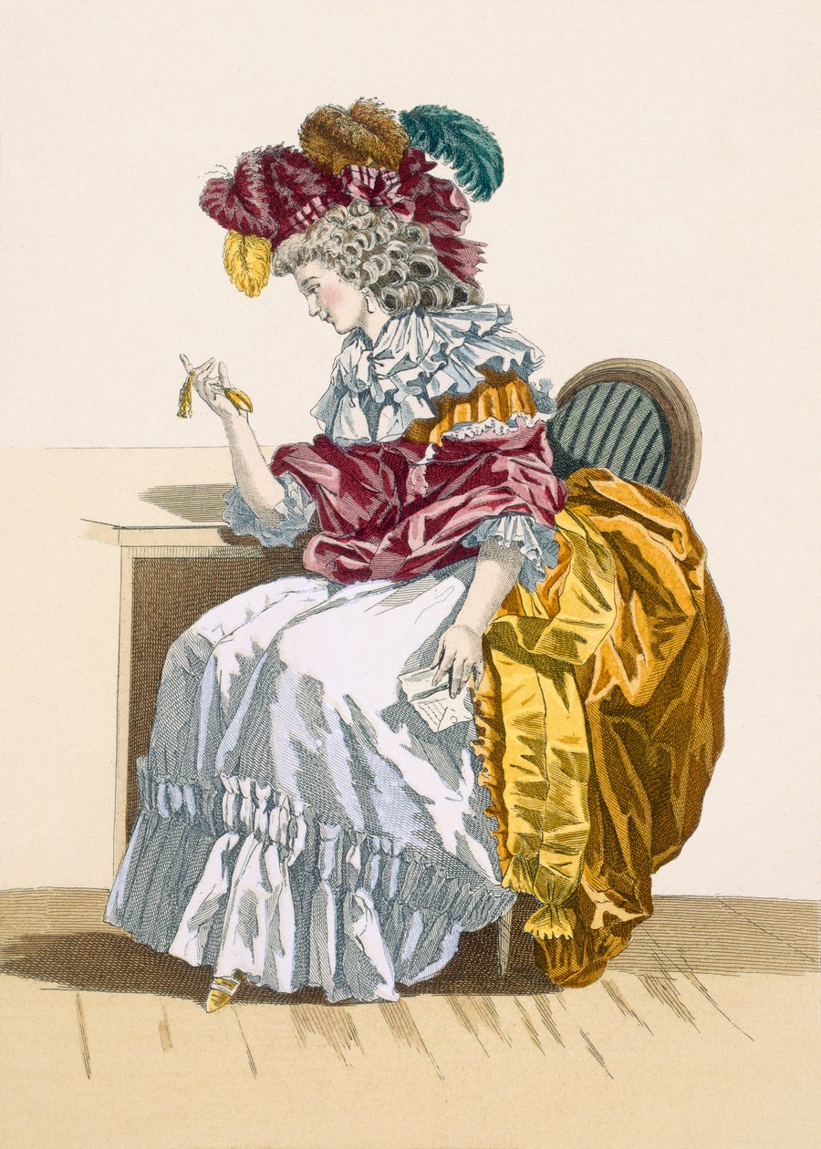 Pani siedząca w oczekiwaniu na przyjaciela, grawerowana przez Dupina, tablica nr 191 z „Galeries des Modes et Costumes Francais”, ok. 1778-87 autorstwa Francois Louis Joseph Watteau
