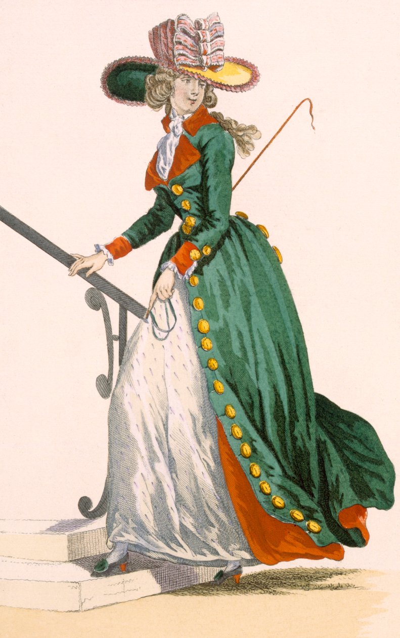 Dama w stroju jeździeckim w stylu niemieckim, grawerowana przez Le Beau, tablica nr 250 z „Galeries des Modes et Costumes Francais”, ok. 1778-87 autorstwa Francois Louis Joseph Watteau