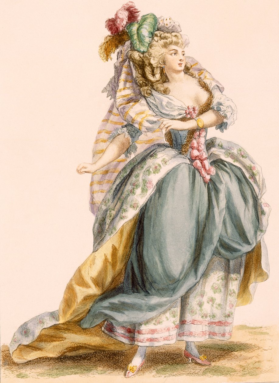 Strój damski na podstawie opery „La Trevesti”, ryty przez Bacquoy, z „Galeries des Modes et Costumes Francais”, ok. 1778-87 autorstwa Francois Louis Joseph Watteau