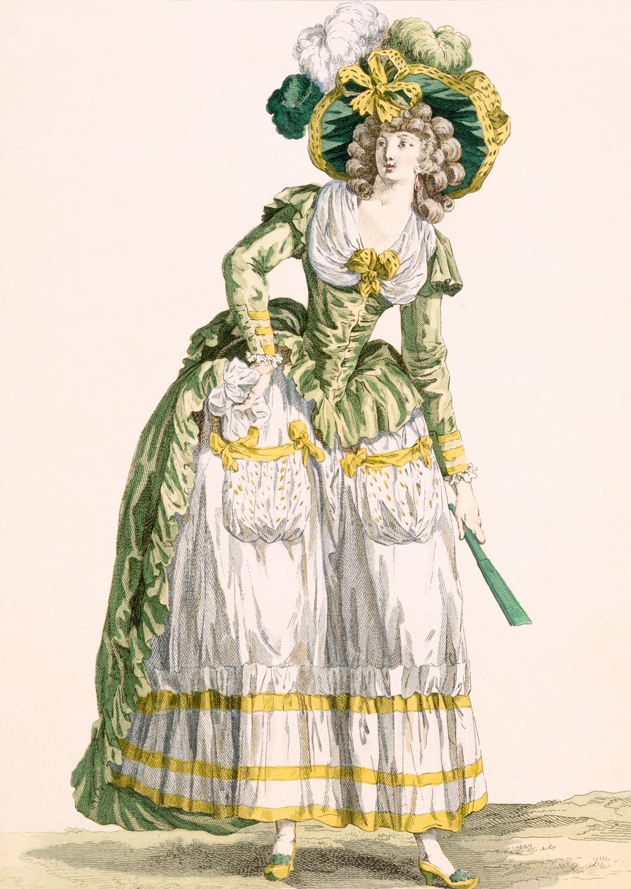 Suknia damy w stylu wiejskim, wyryta przez Bacquoy, tablica nr 228 z "Galeries des Modes et Costumes Francais", 1780 r. autorstwa Francois Louis Joseph Watteau