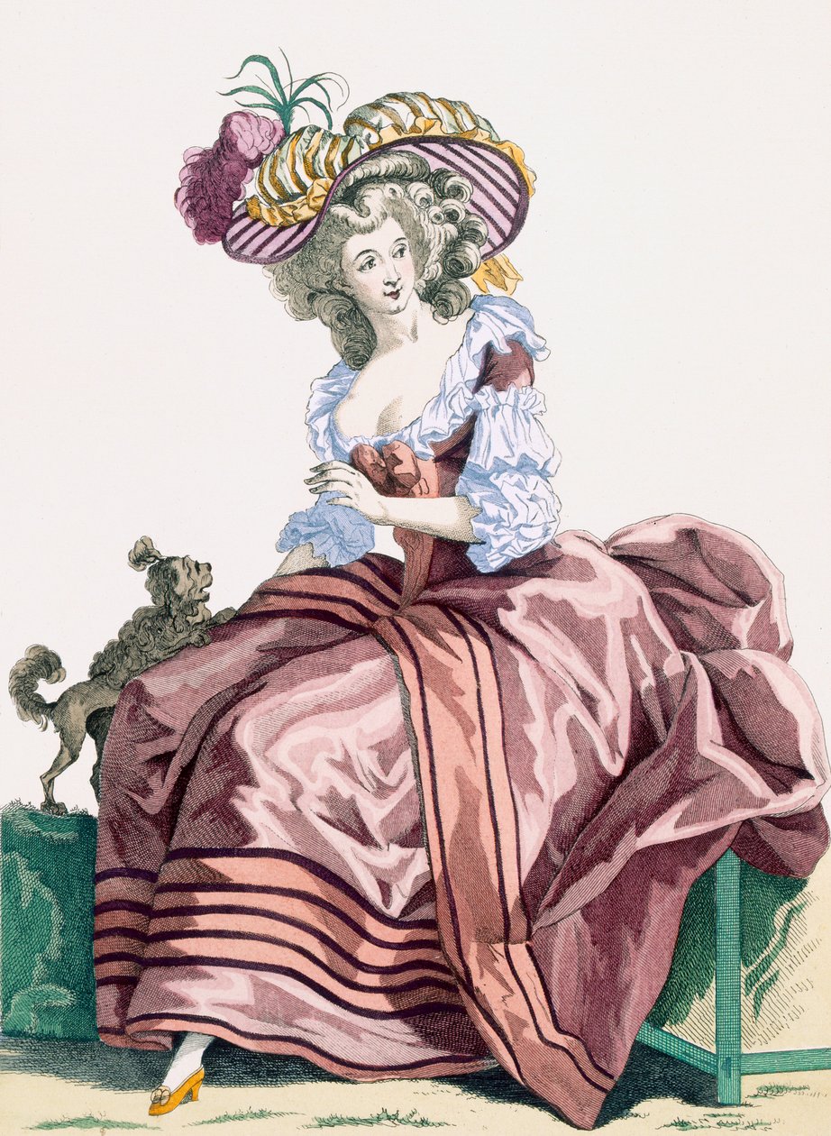 Elegancki satynowy szlafrok w kolorze karmelu, grawerowany przez Le Beau, płyta nr 172 z „Galeries des Modes et Costumes Francais”, ok. 1778-87 autorstwa Francois Louis Joseph Watteau