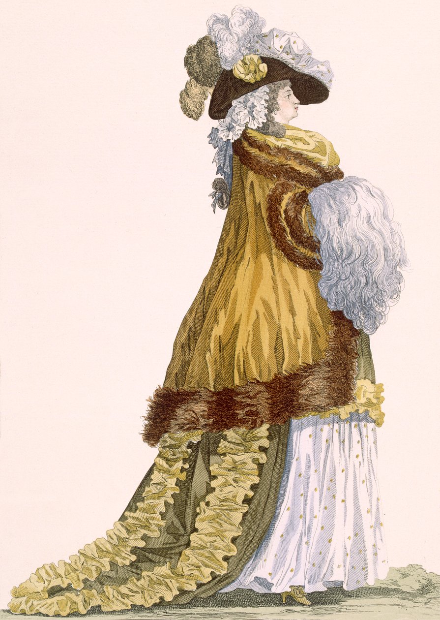 Damska suknia operowa z luksusową atłasową peleryną obszytą futrem, grawerowana przez Dupina, płyta nr 217 z „Galeries des Modes et Costumes Francais”, ok. 1778-87 99: odzież; tradycyjne dre autorstwa Francois Louis Joseph Watteau