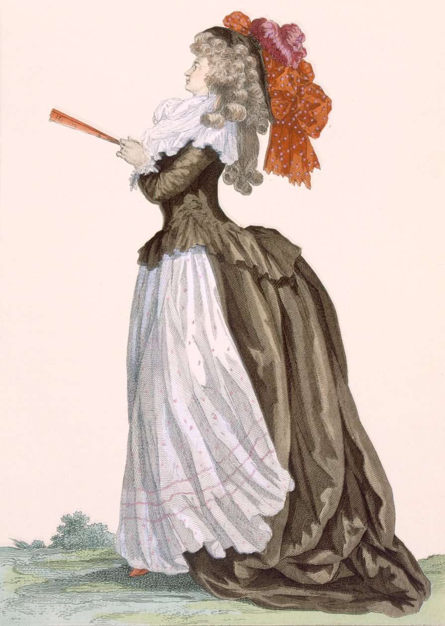 Suknia promenadowa damska, grawerowana przez Dupina, nr kat. 222 z „Galeries des Modes et Costumes Francais”, ok. 1778-87 99: ubiór; strój tradycyjny; strój tradycyjny; moda; chory autorstwa Francois Louis Joseph Watteau