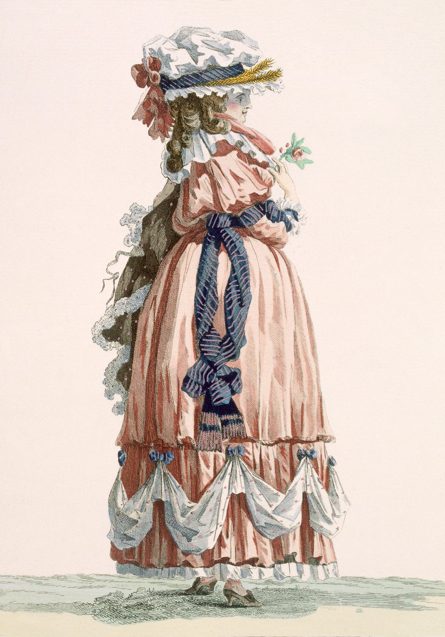 Letnia suknia spacerowa damska, grawerowana przez Dupina, nr kat. 192 z „Galeries des Modes et Costumes Francais”, ok. 1778-87 99: odzież; strój tradycyjny; strój tradycyjny; moda; autorstwa Francois Louis Joseph Watteau
