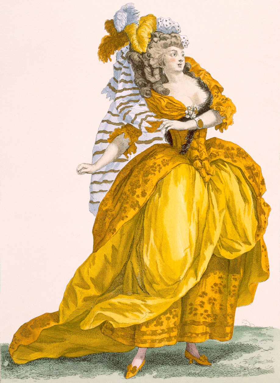 Kobieta ubrana w wyszukaną suknię i nakrycie głowy, grawerowane przez Bacquoy, płyta nr 218 z „Galeries des Modes et Costumes Francais”, ok. 1778-87 99: odzież; strój tradycyjny; tradycja autorstwa Francois Louis Joseph Watteau