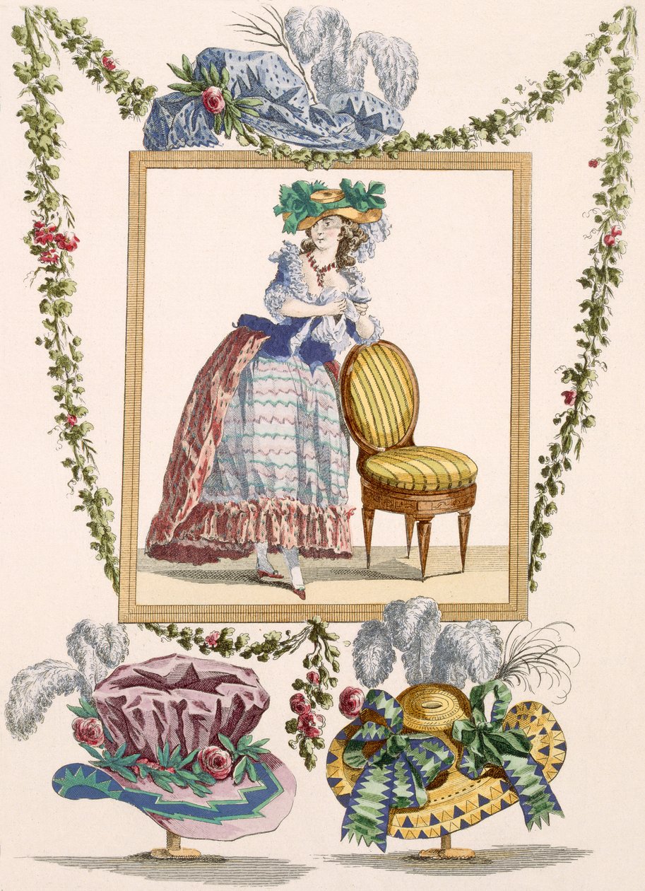 Kobieta w eleganckiej sukience dziennej z kapeluszem, grawer Duhamela, płyta nr 235 z "Galeries des Modes et Costumes Francais", ok. 1778-87 autorstwa Francois Louis Joseph Watteau