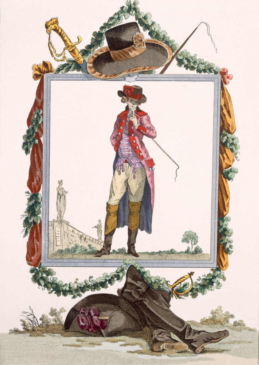 Młody elegancki dworzanin z Palais Royal, rycina Duhamela, tablica nr 233 z "Galeries des Modes et Costumes Francais", ok. 1778-87 r. autorstwa Francois Louis Joseph Watteau