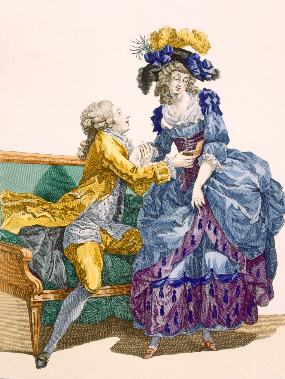 Młoda dama w elektryzującej niebiesko-fioletowej sukni ze swoim młodym zalotnikiem, grawerowana przez Dupina, płyta nr 206 z „Galeries des Modes et Costumes Francais”, ok. 1778-87 autorstwa Francois Louis Joseph Watteau