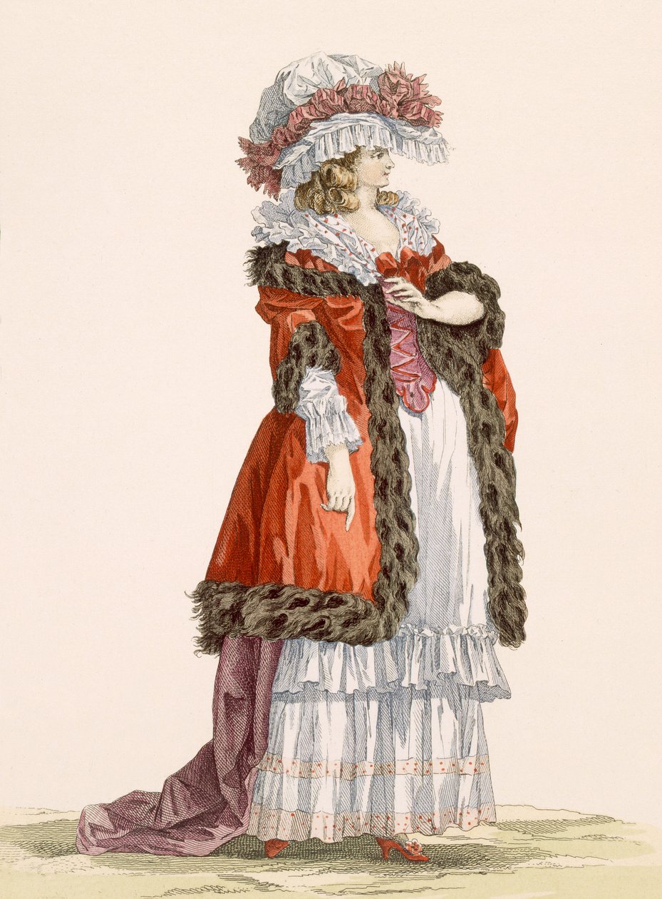 Suknia promenadowa młodej damy, grawerowana przez Dupina, tablica nr 214 z „Galeries des Modes et Costumes Francais”, 1789 autorstwa Francois Louis Joseph Watteau