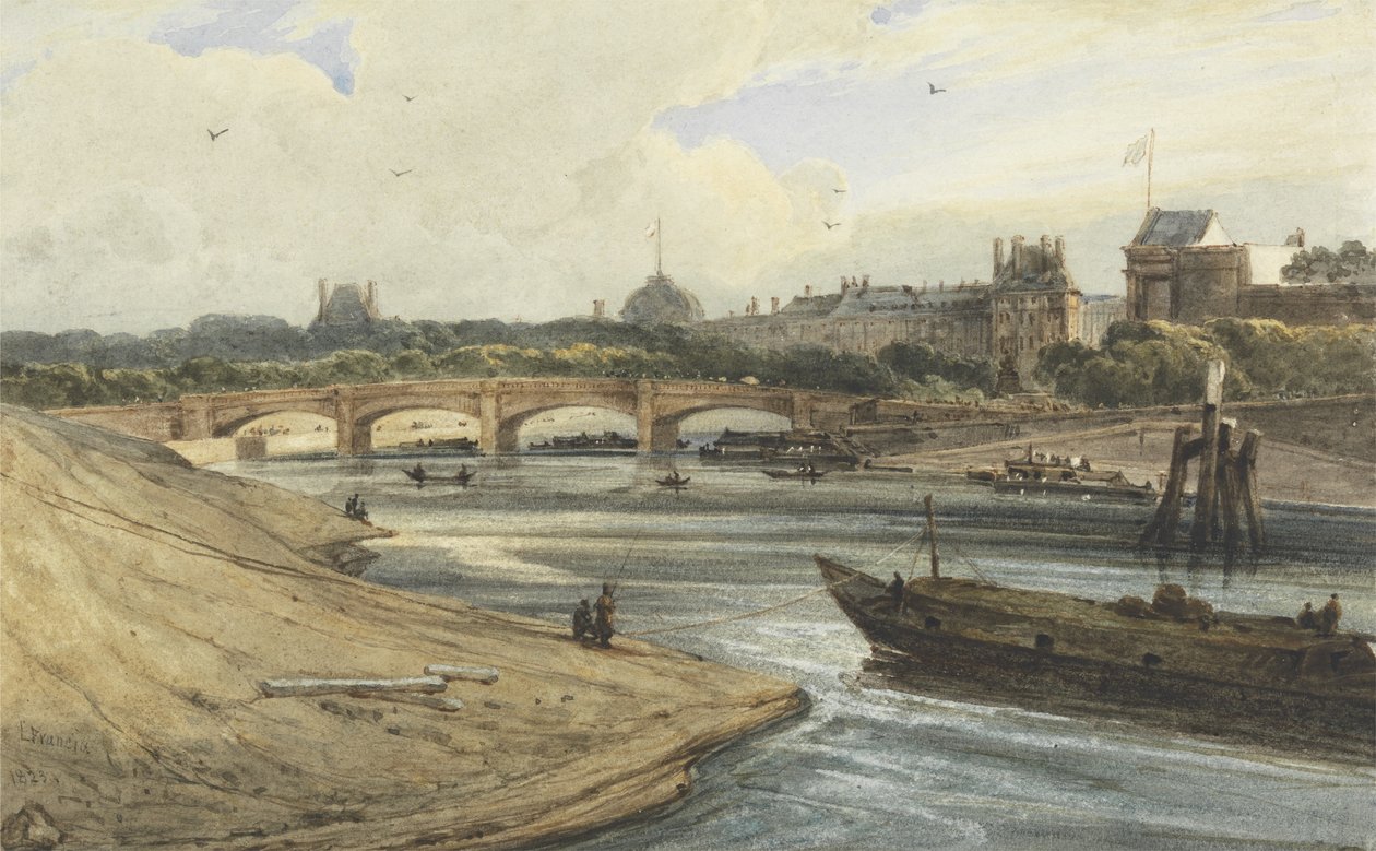 Pont de la Concorde i Palais des Tuileries z Cours la Reine, 1823 (wc nad ołówkiem i kolorem ciała na papierze) autorstwa Francois Louis Thomas Francia