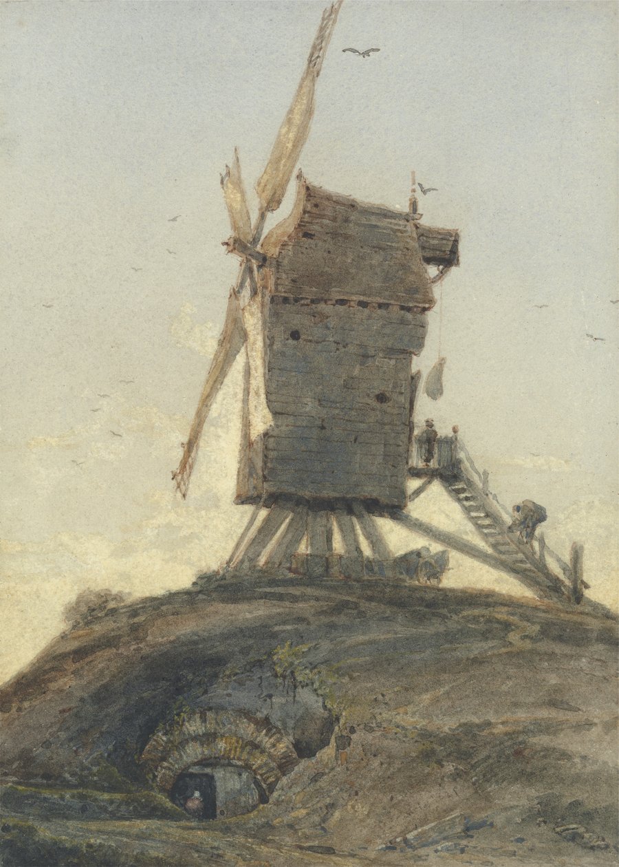 Wiatrak na pagórku w krajobrazie (wc z kolorem nadwozia na papierze) autorstwa Francois Louis Thomas Francia