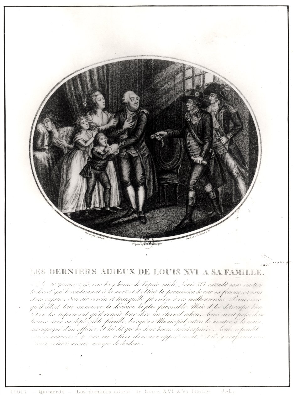 Ostatnie pożegnania Ludwika XVI (1754-93) z rodziną, 20 stycznia 1793, rycina J. L. Benoist (fl.1800-40) autorstwa Francois Maria Isidore Queverdo