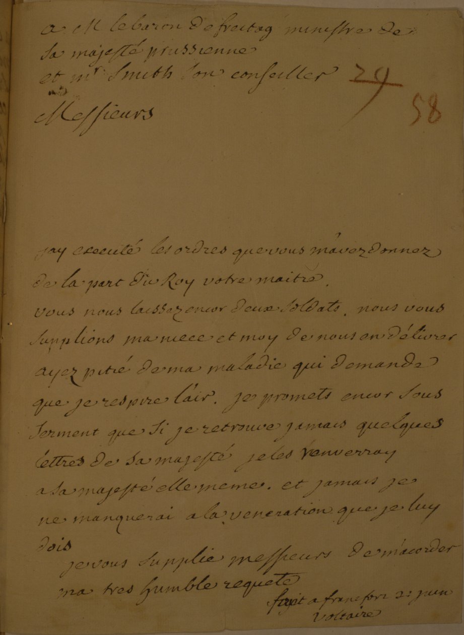 Petycja o zwolnienie z więzienia, 31 czerwca 1753 r. autorstwa Francois Marie Arouet Voltaire