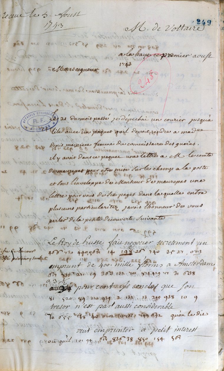 List napisany przez Woltera podczas pracy jako tajny agent w Hadze do francuskiego ministra spraw zagranicznych w Paryżu, 1 sierpnia 1743 autorstwa Francois Marie Arouet Voltaire