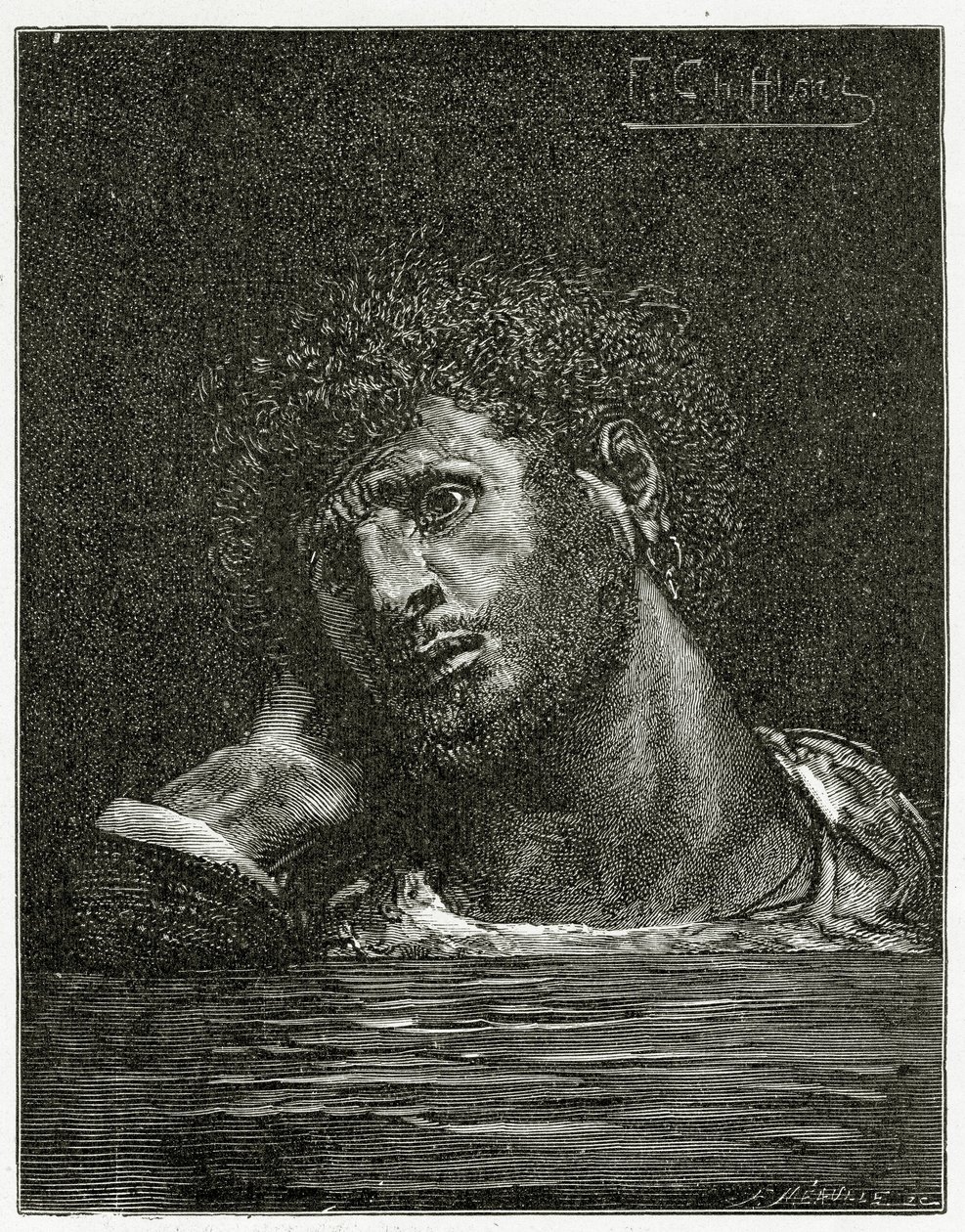 Śmierć Giliata - ilustracja z XIX-wiecznych robotników morskich (rycina bw) autorstwa Francois Nicolas Chifflart