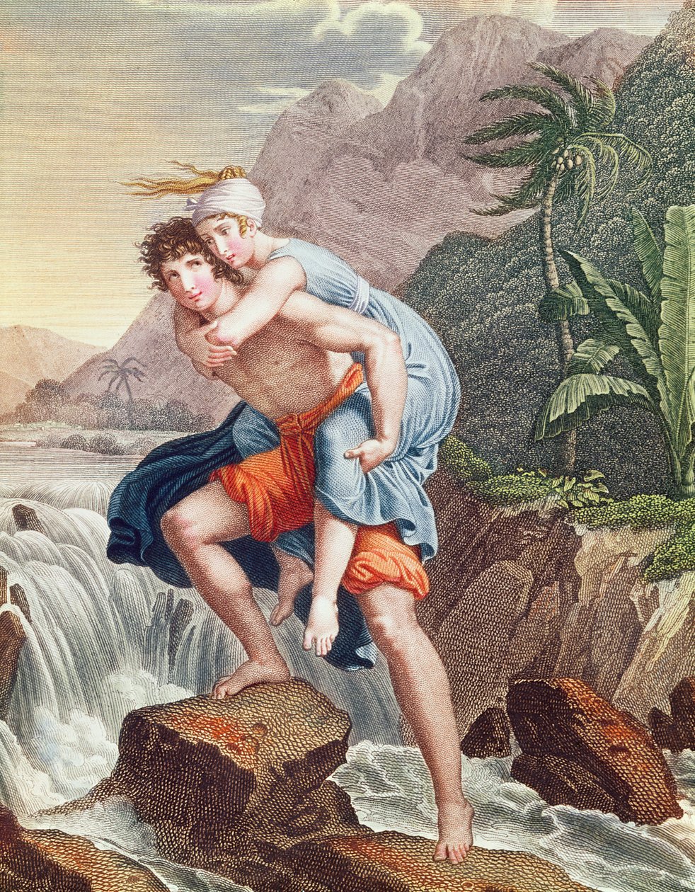 Paul przeprowadzający Virginie przez rzekę, 1805 (rycina kolorowa) autorstwa Francois Pascal Simon Gerard