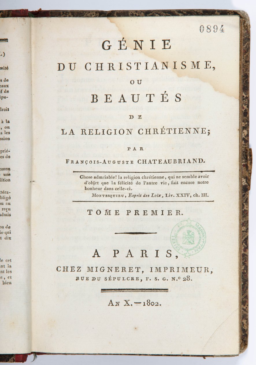 Strona tytułowa „Genie du Christianisme ou Beautes de la Religion Chretienne”, tom I, chez Migneret Imprimeur, Paryż, 1802 (papier drukowany) autorstwa Francois Rene Vicomte de Chateaubriand