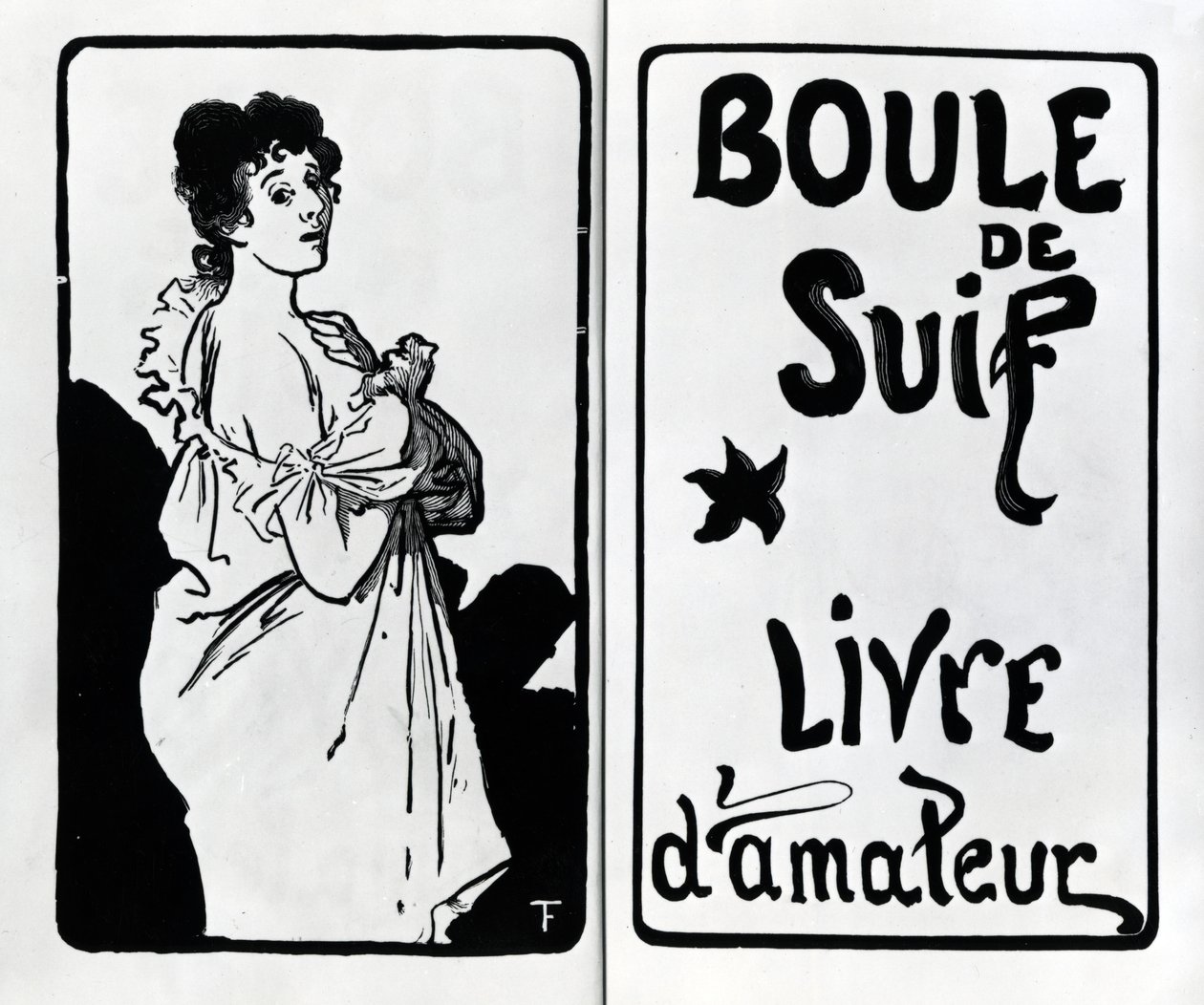 Frontispis i strona tytułowa "Boule de Suif" Guy de Maupassanta, drzeworyty wykonane przez A. Romagnola, opublikowane w 1897 r. autorstwa Francois Thevenot