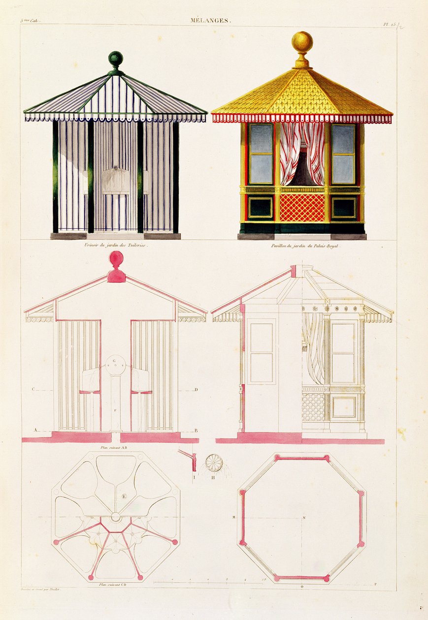 Projekt pisuaru i pawilonu, tablica 25 z Nouveau Recueil de Menuiserie et de Decorations interieures, 1837 autorstwa Francois Thiollet