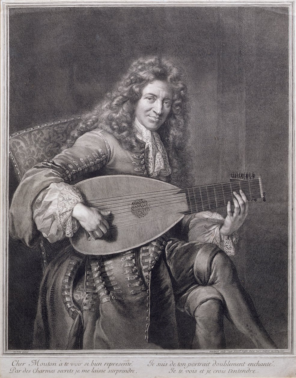 Portret Moutona grającego na lutni, rytowany przez Gerarda Edelincka (1640-1707) autorstwa Jean François de Troy