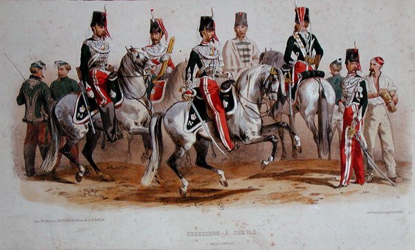 Kawalerzyści francuscy w czasach Drugiego Cesarstwa (kolor lito) autorstwa Francois Hippolyte (after) Lalaisse