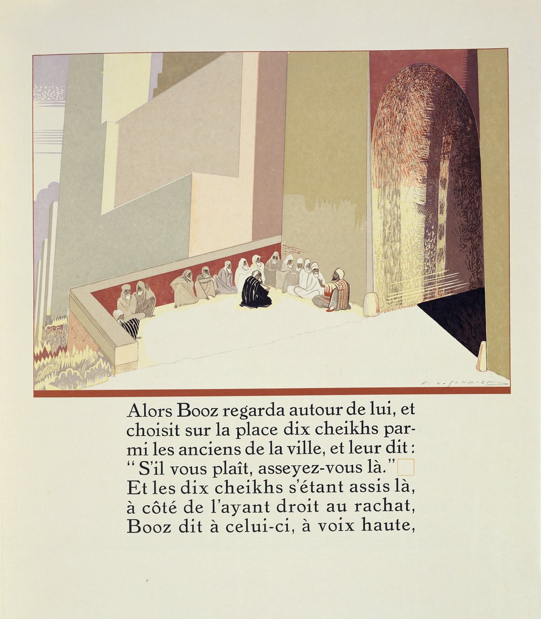 Boaz wybiera na rynku dziesięciu Starszych z „Ruth et Booz”, przekład J.C. Mardrus, opublikowany w 1930 r. autorstwa Francois Louis Schmied