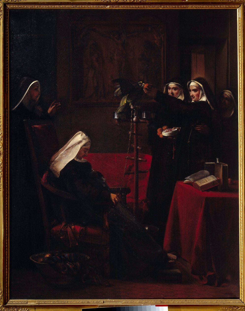 Green Green Nuns dające jedzenie papudze śpiącej zakonnicy. Obraz Francois Mariusa Graneta (1775-1849) autorstwa Francois Marius Granet